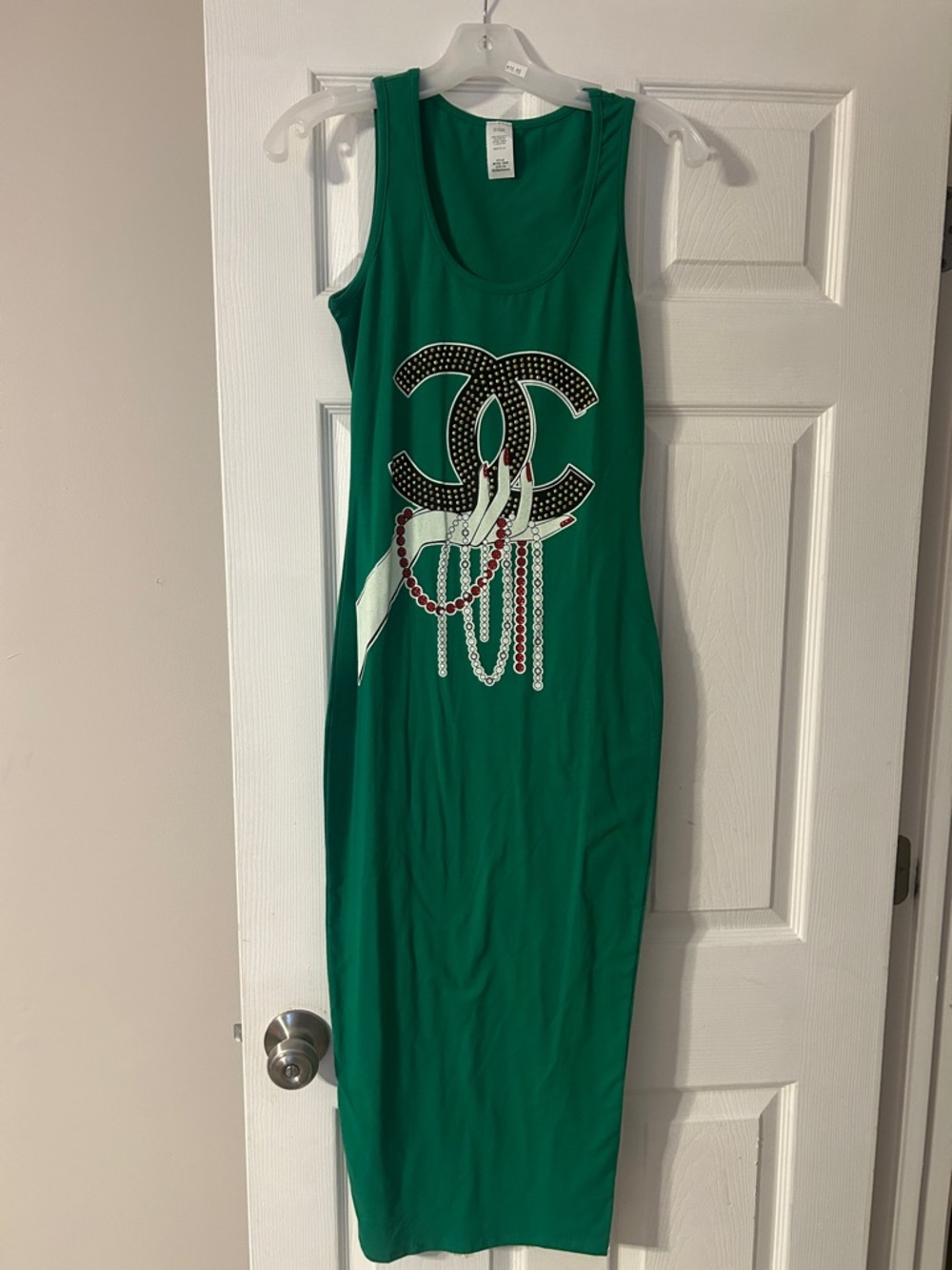 Green Sleeveless Maxi Dress with Embellished Logo Graphic